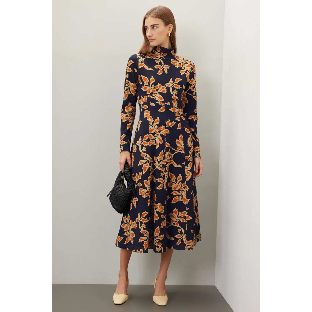 Tanya Taylor Navy Orange Leaf Print Mock Neck Midi Dress Long Sleeve A-Line s-s